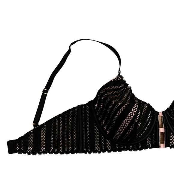 Victoria's Secret Luxe Plunge Bra Black Striped Lace + Pink Satin Underwire 34C - Picture 5 of 11
